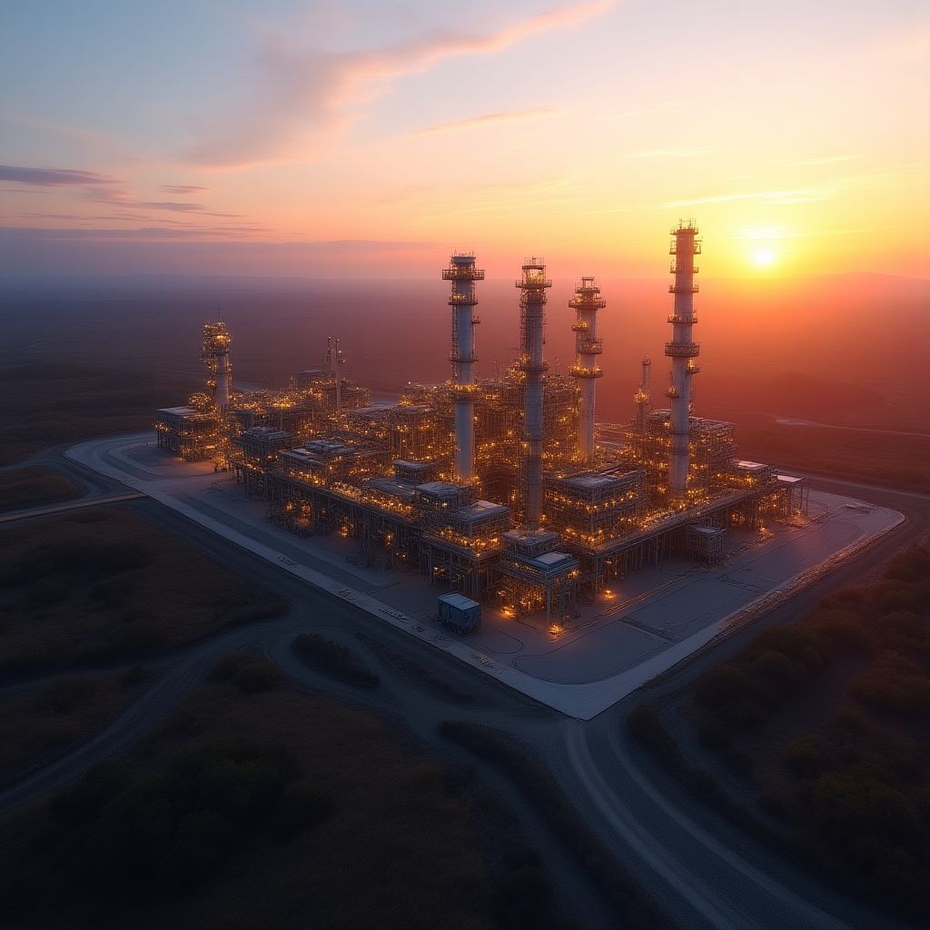 Vista aérea de una planta de procesamiento de gas en Neuquén.