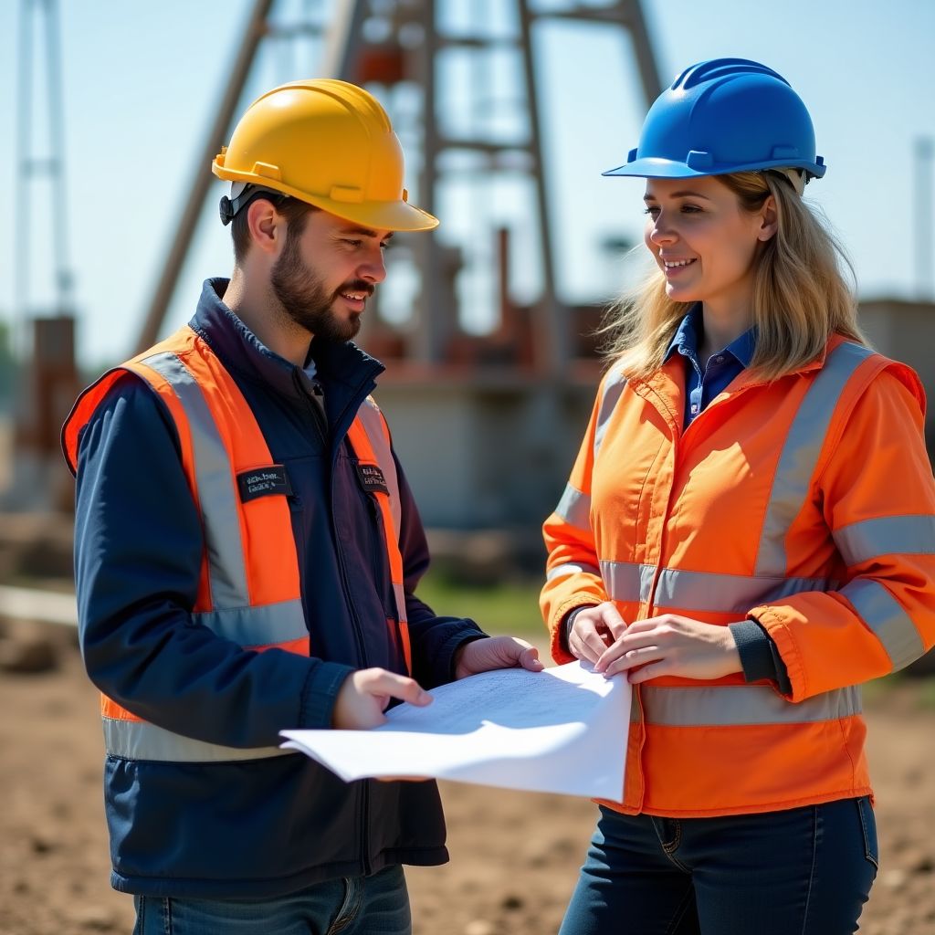 Ingenieros revisando planes en un sitio de perforación.