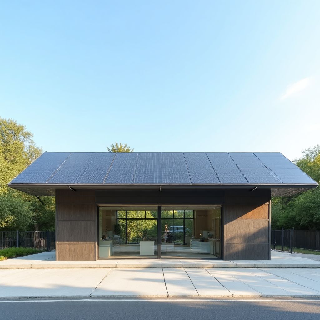 Moderna estación de servicio con paneles solares en el techo.